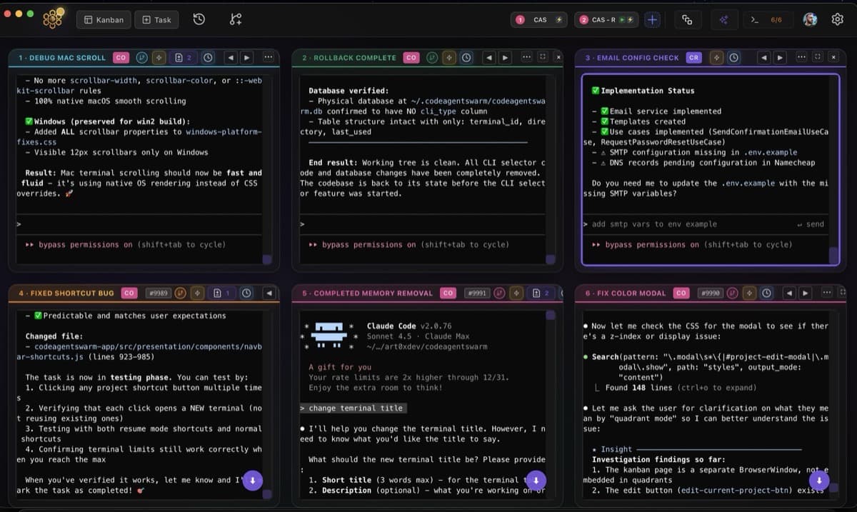 CodeAgentSwarm - 6 terminales en paralelo