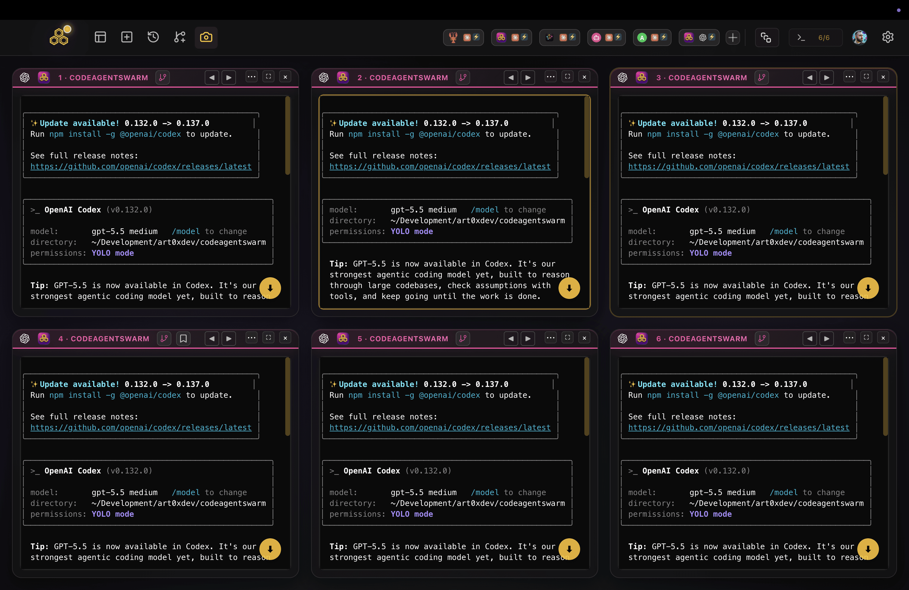 Multiple OpenAI Codex CLI terminals running side by side in one CodeAgentSwarm window, the visual workspace at the core of a Codex GUI
