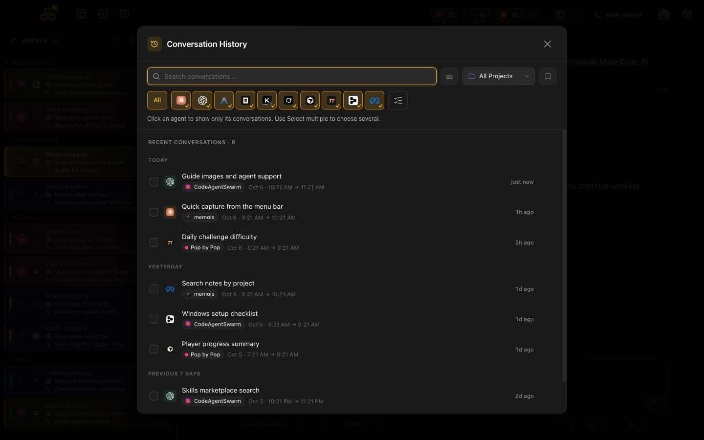 Current conversation history with agent filters and sample conversations grouped by date