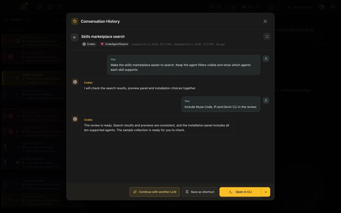 Conversation preview with sample user and assistant messages