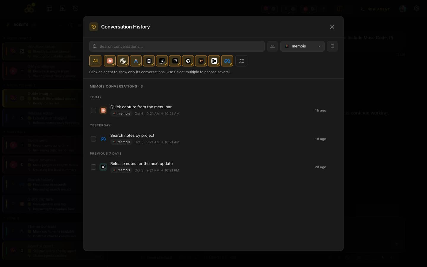 History filtered to sample conversations from memois