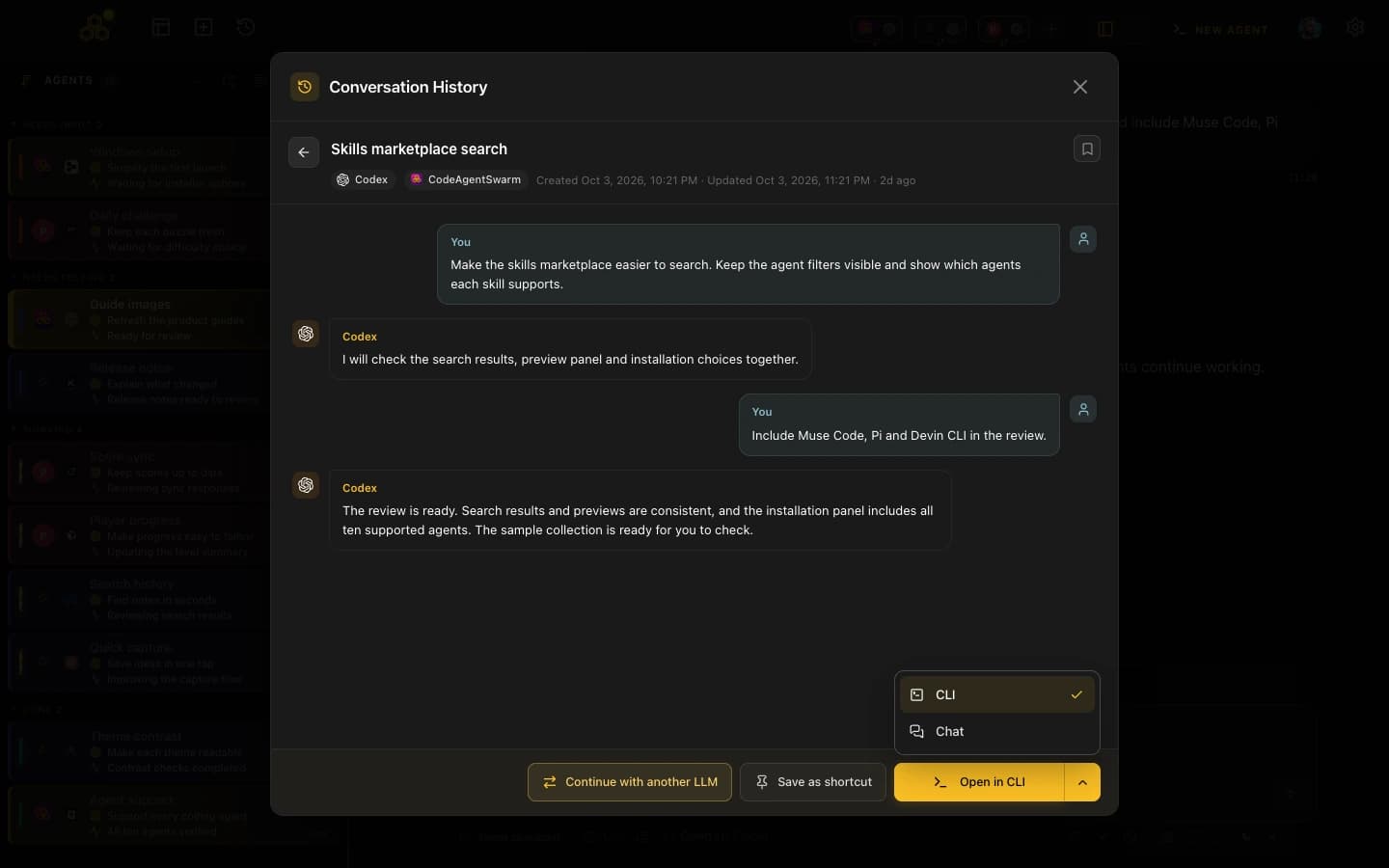 Conversation preview with the CLI and Chat reopening menu open