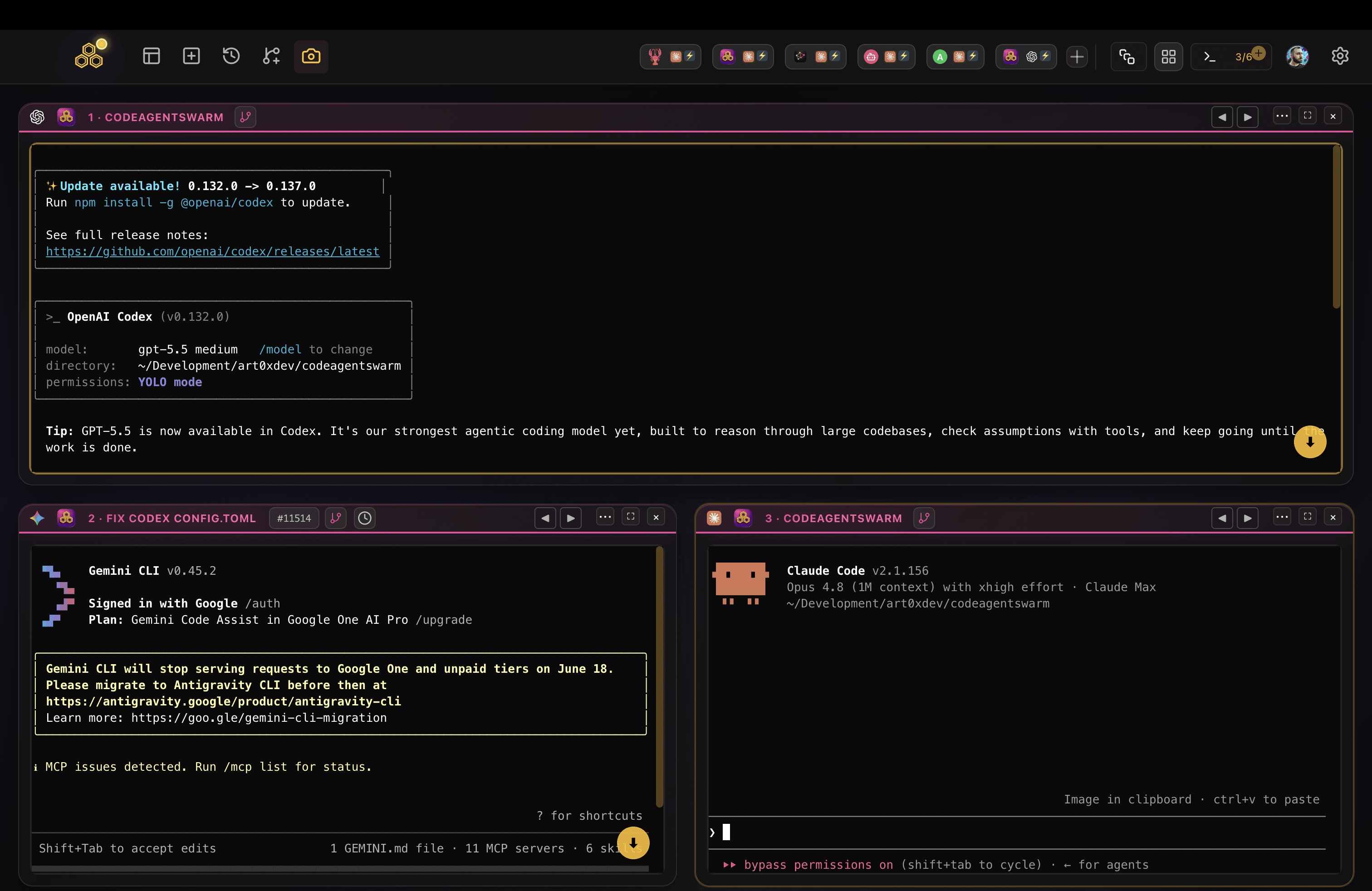 Three AI coding CLI agents running side by side as separate terminals in one CodeAgentSwarm window, the visual workspace at the core of a Claude Code GUI