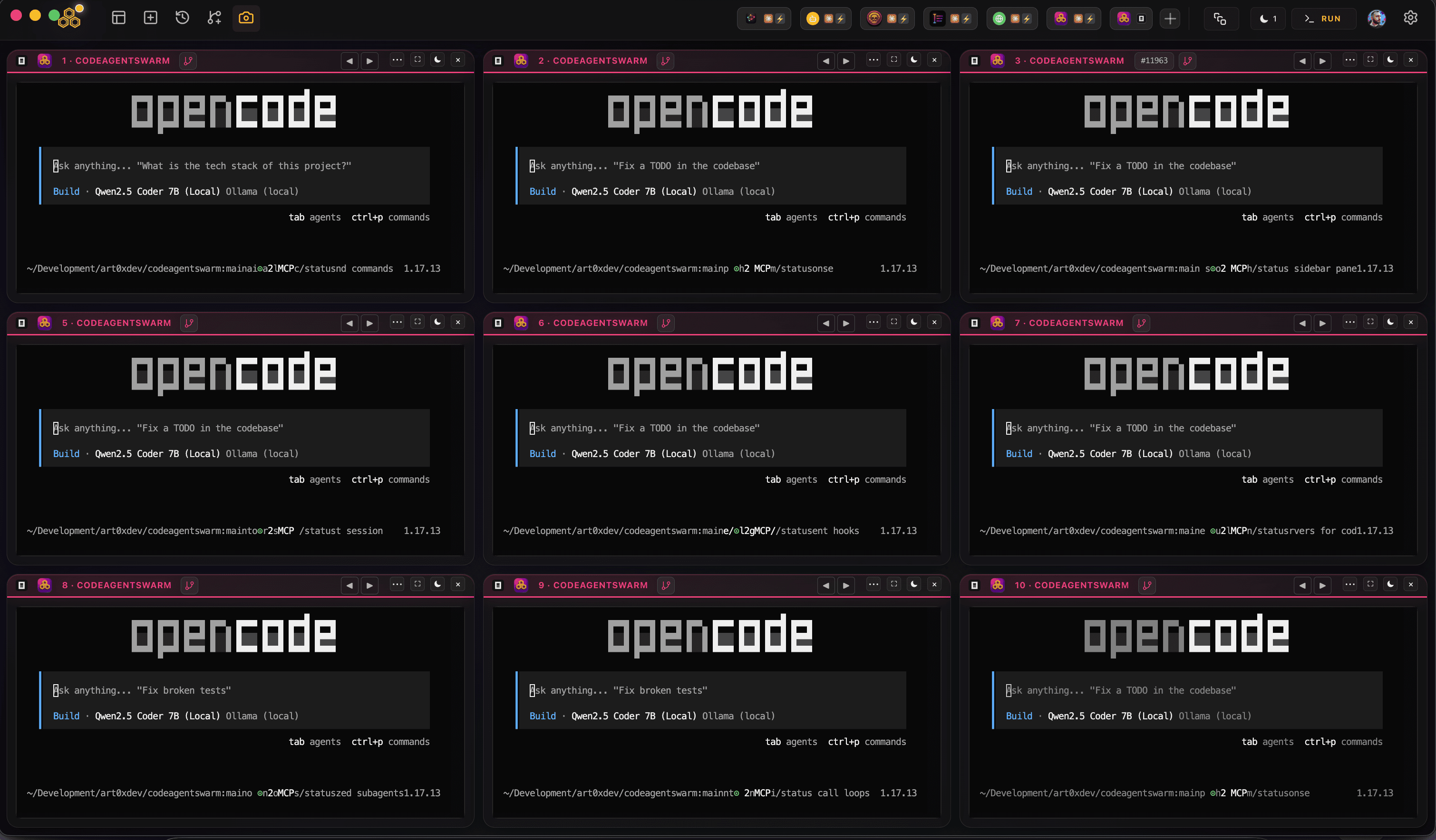 Multiple opencode terminals running in parallel in a single CodeAgentSwarm workspace, each an independent opencode session