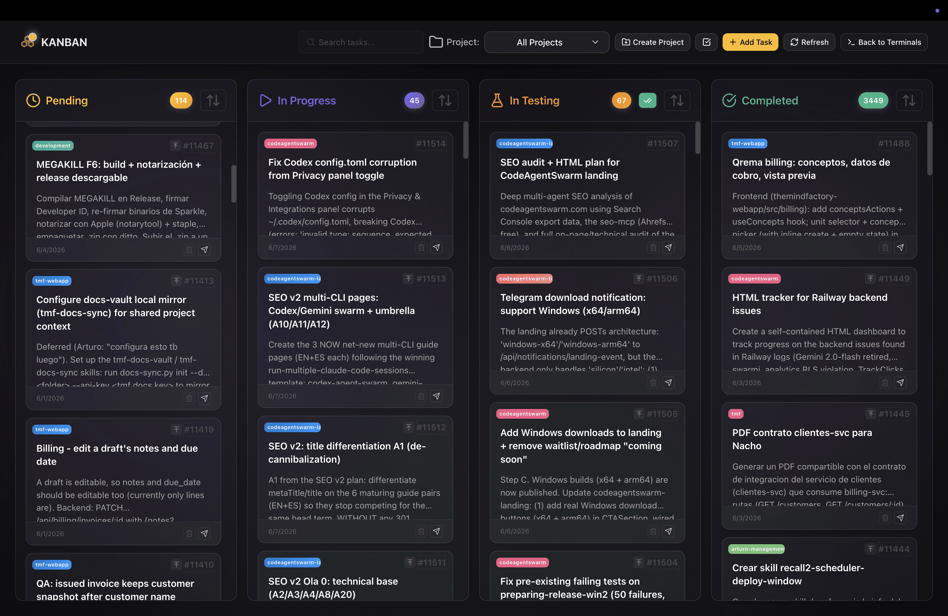 CodeAgentSwarm dashboard showing a kanban task board with columns for tasks, on top of AI CLI agent terminals