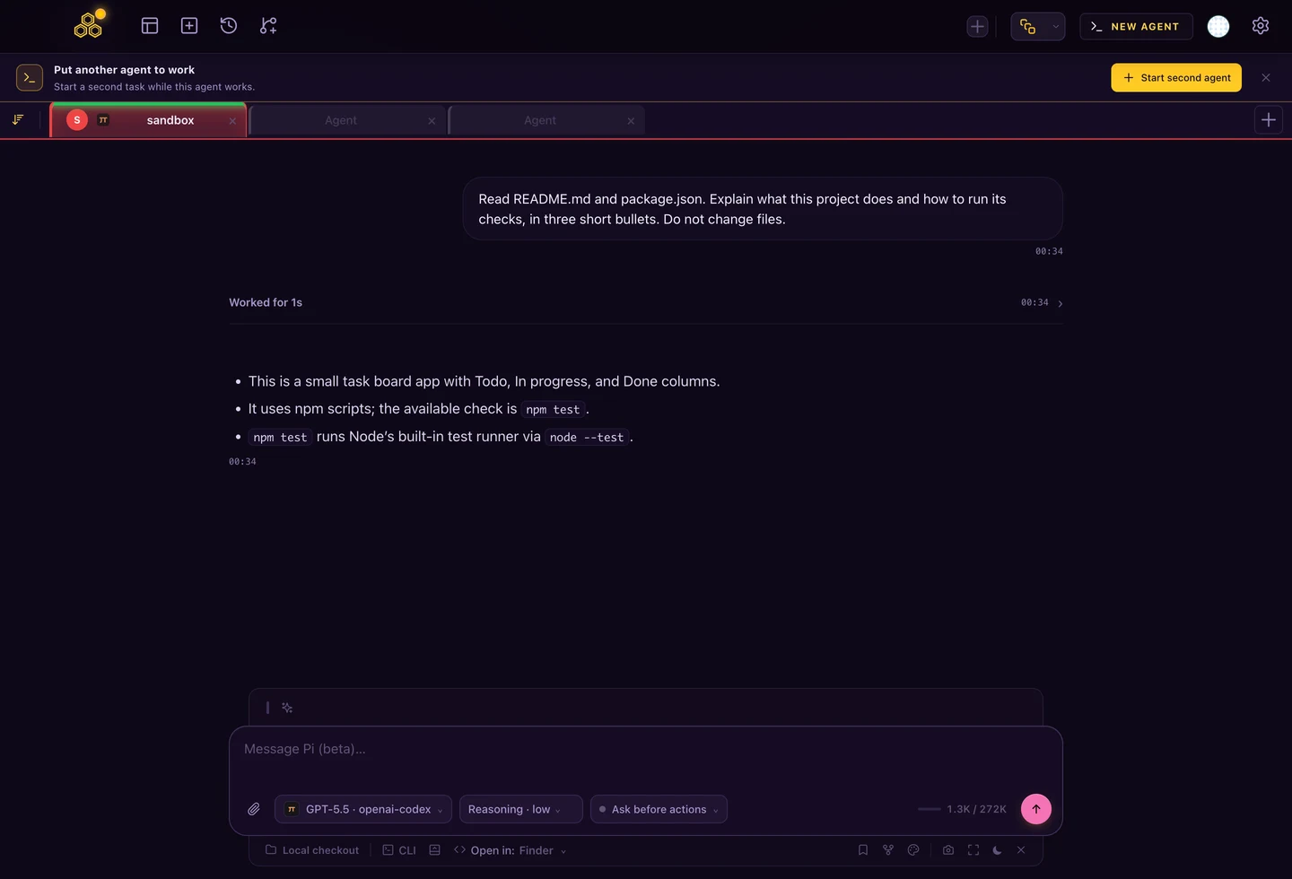 Pi in CodeAgentSwarm Chat with a sample project