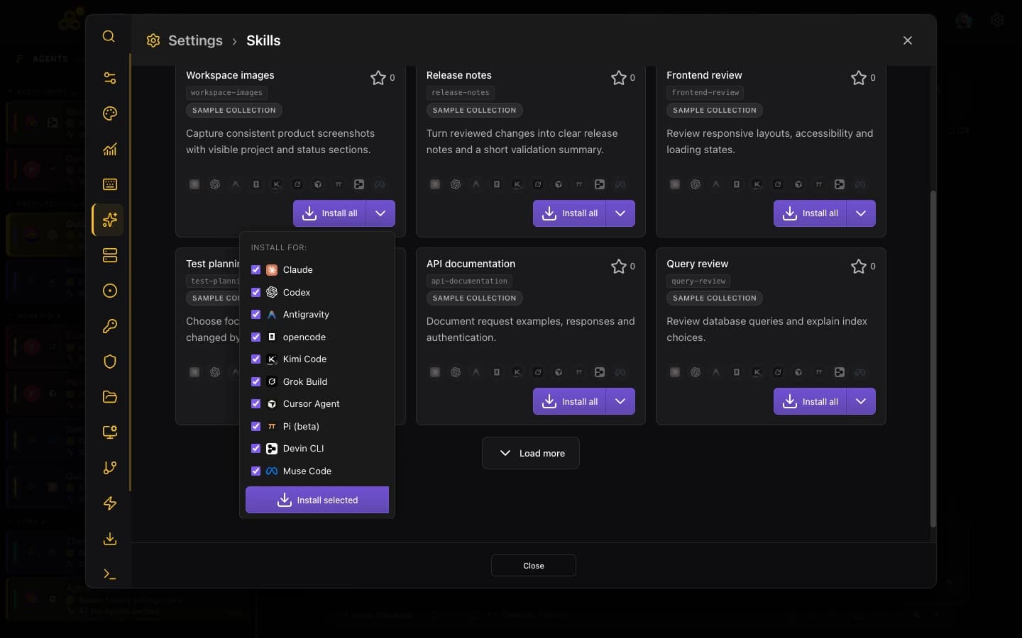 Skill installation selector showing all ten supported agents