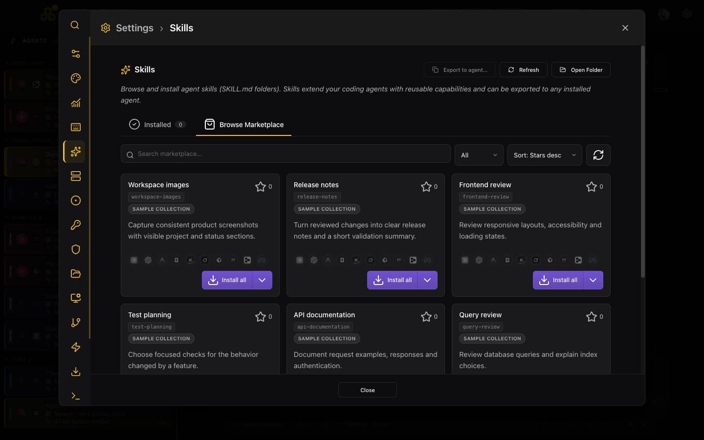 Current Skills Marketplace with a sample collection
