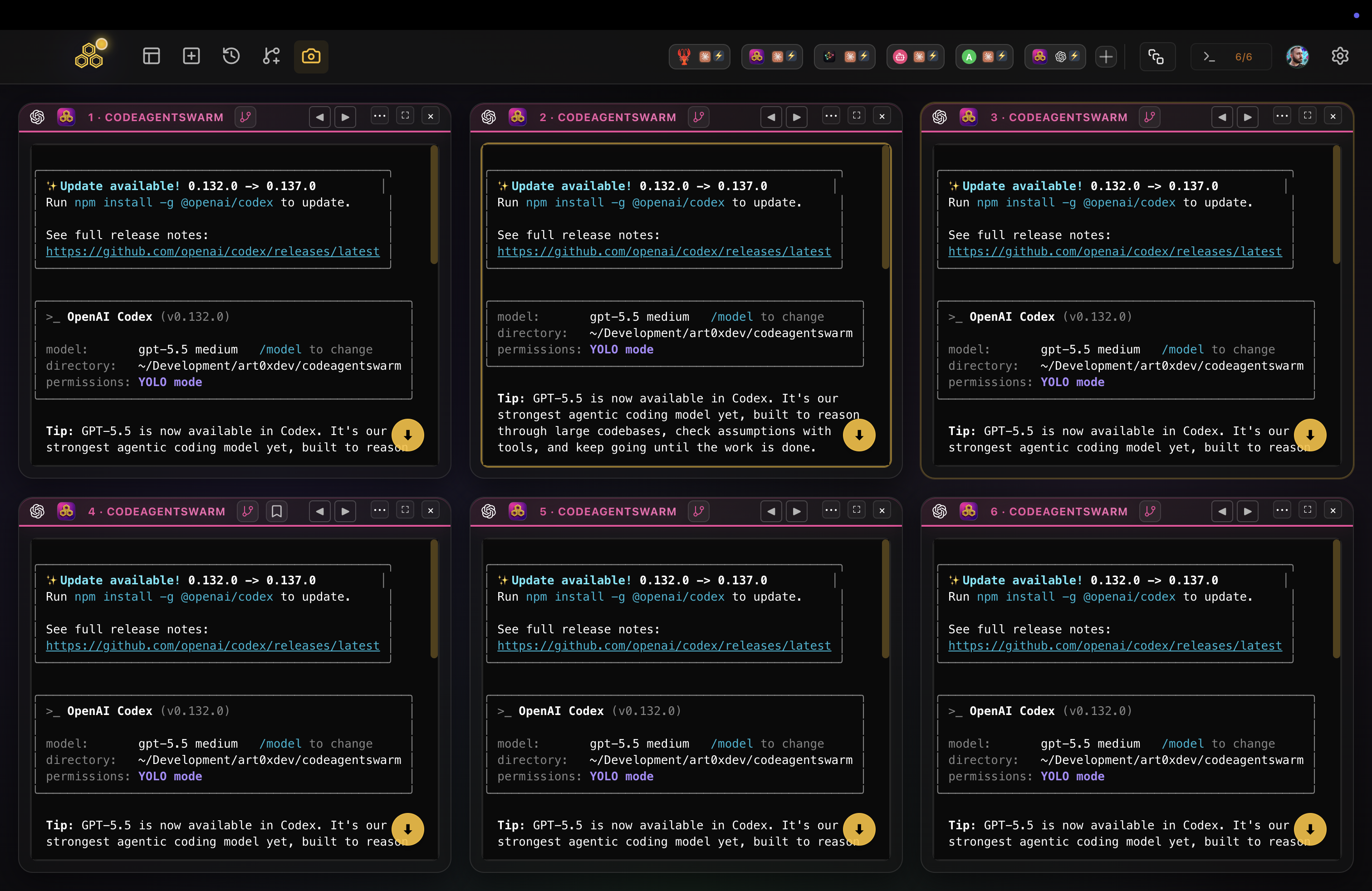 Six OpenAI Codex CLI terminals running in parallel in a single CodeAgentSwarm workspace, each an independent Codex session
