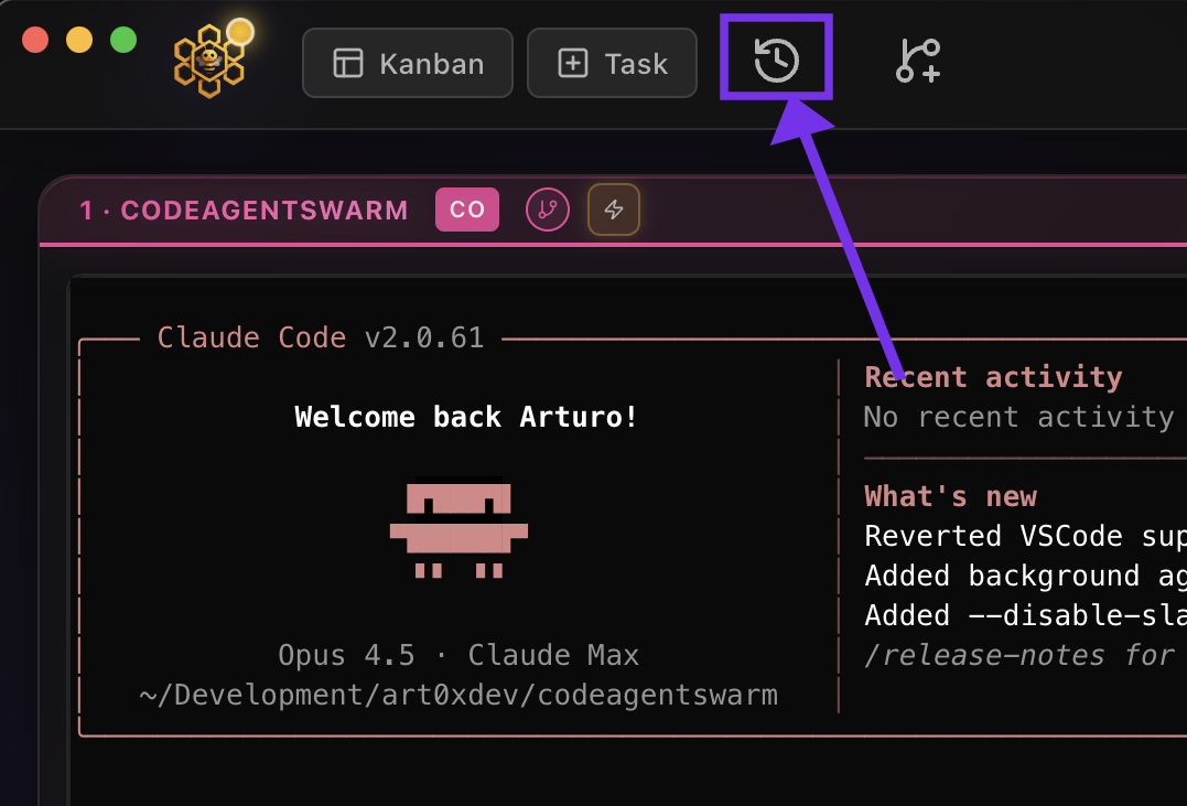 History modal open from a terminal with search bar at the top and list of conversations below