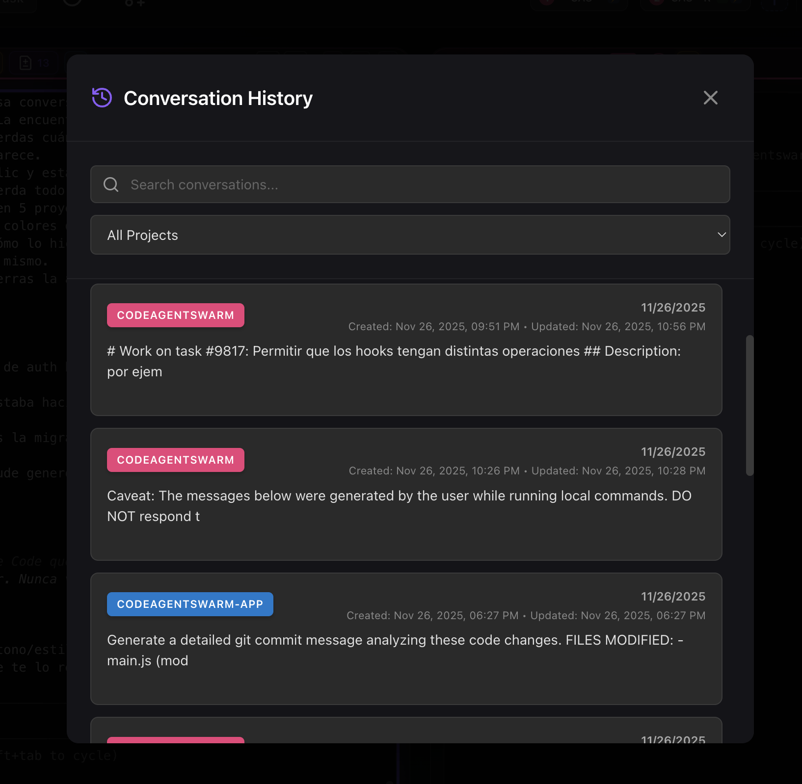 Overview of Claude Code history showing list of conversations with project colors and dates visible