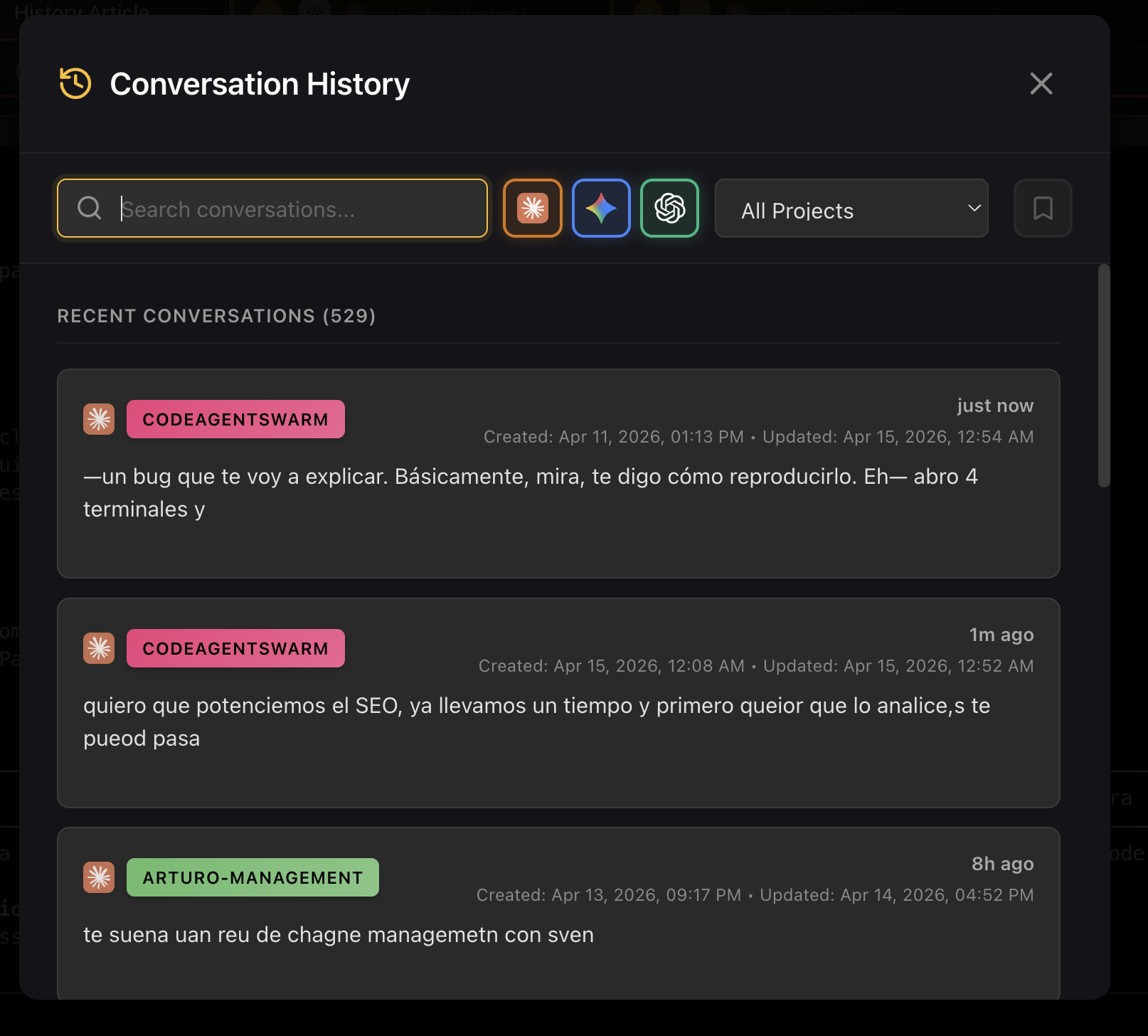CodeAgentSwarm conversation history showing all past Claude Code sessions organized by project with search and filtering