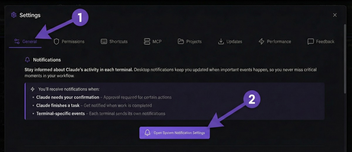 Notifications settings section in CodeAgentSwarm showing how to toggle notifications on