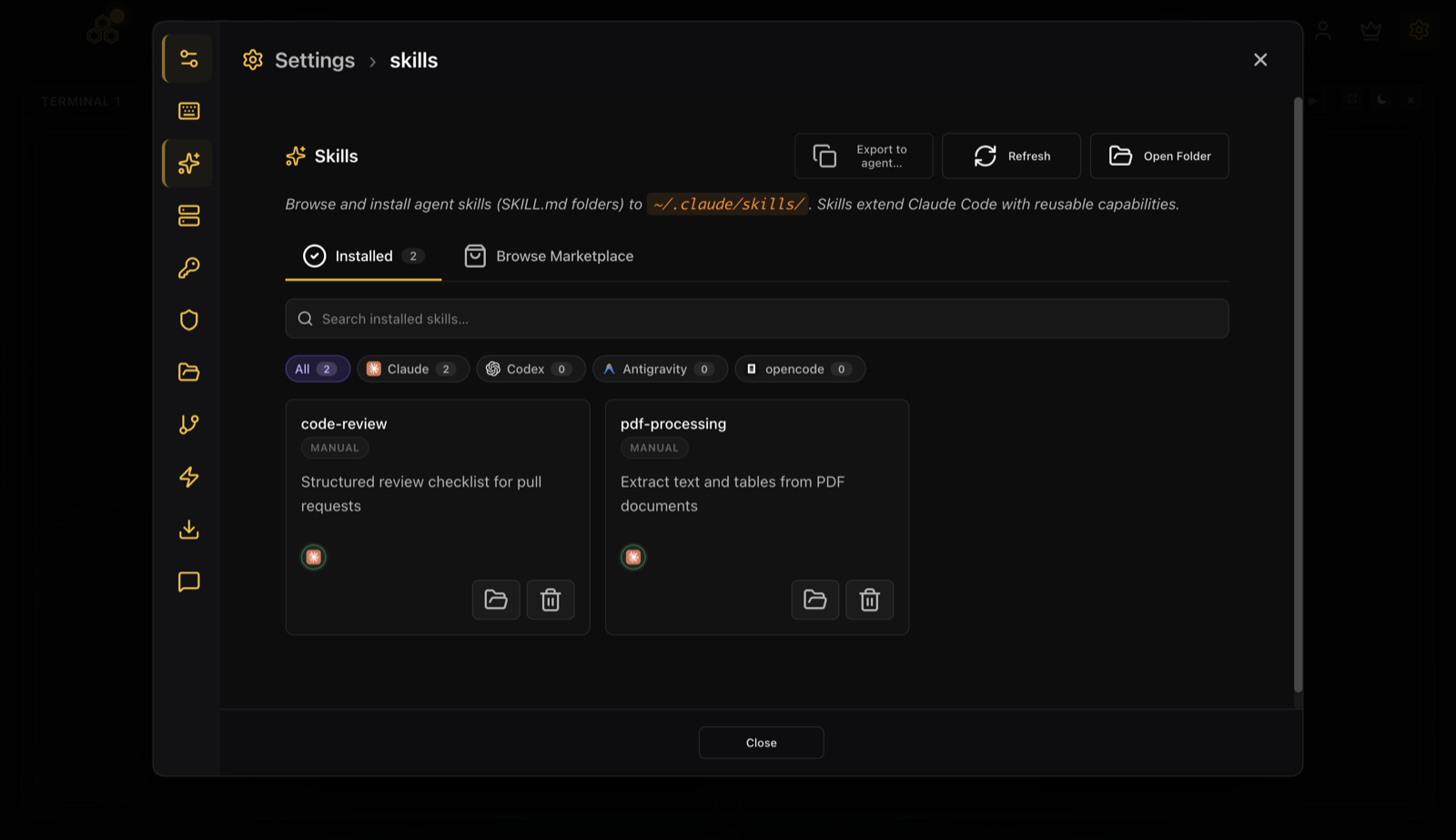 El botón Export to agent en la pestaña Skills de CodeAgentSwarm
