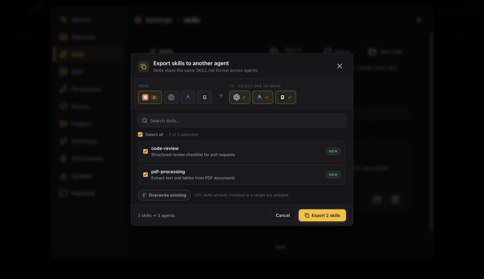 El modal Export skills de CodeAgentSwarm con los agentes origen y destino y la lista de skills