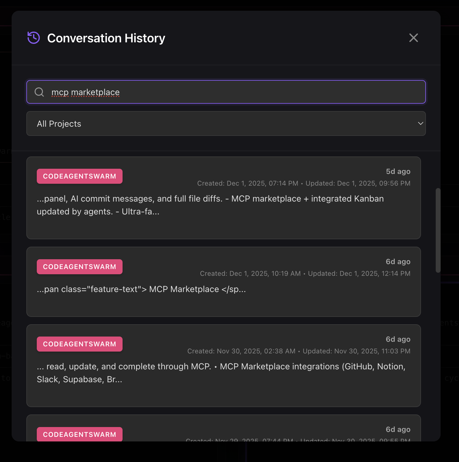 Search results for MCP Marketplace showing multiple conversations with title, project and date