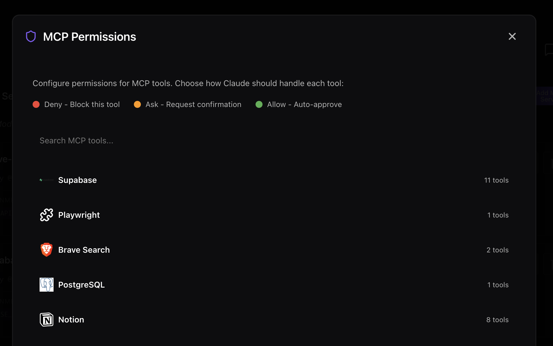 MCP permissions panel listing servers (Supabase, Playwright, Brave Search, PostgreSQL, Notion)