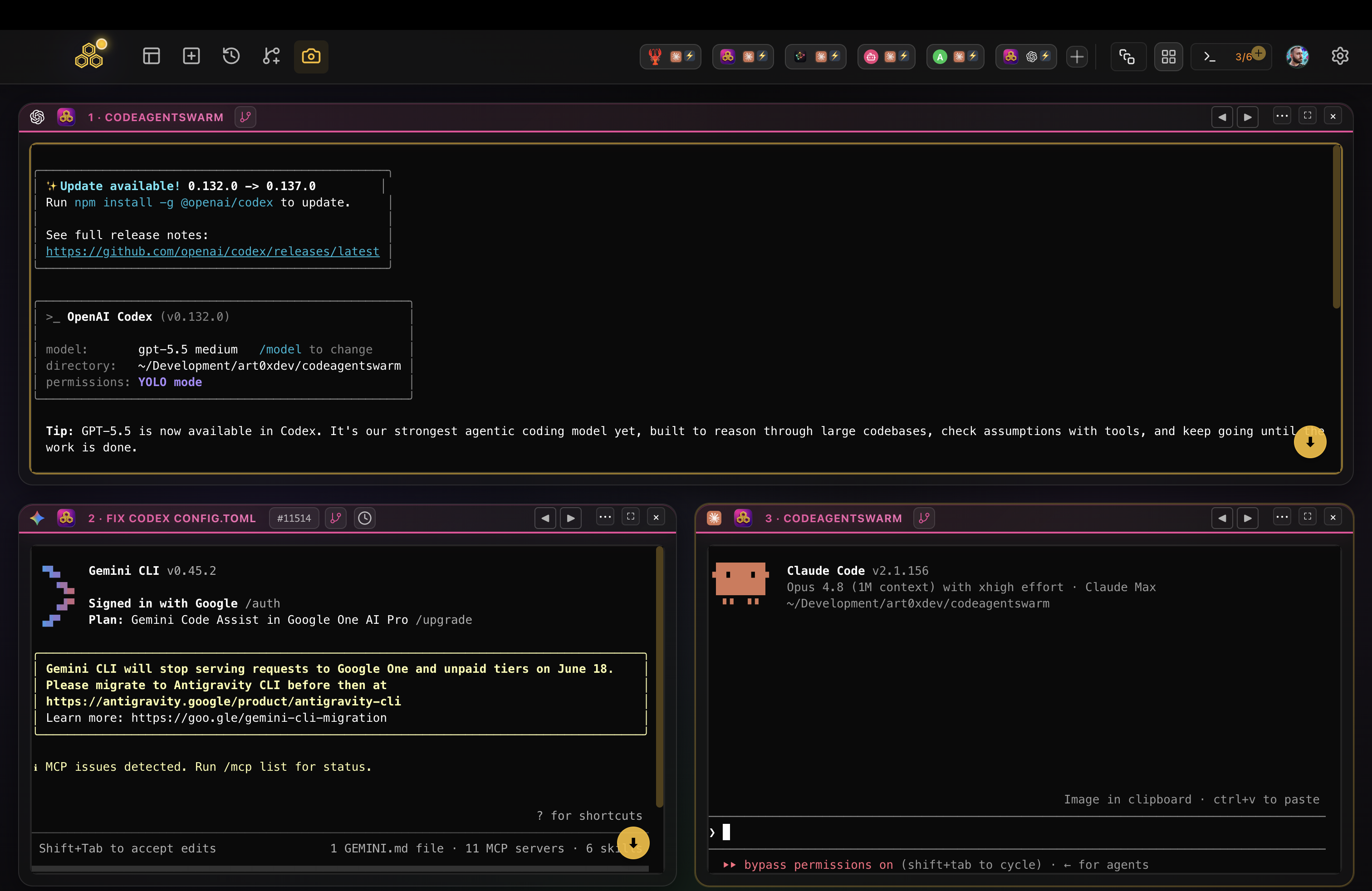 Three AI coding CLI agents running side by side as separate terminals in one CodeAgentSwarm window, the visual workspace at the core of a Claude Code GUI