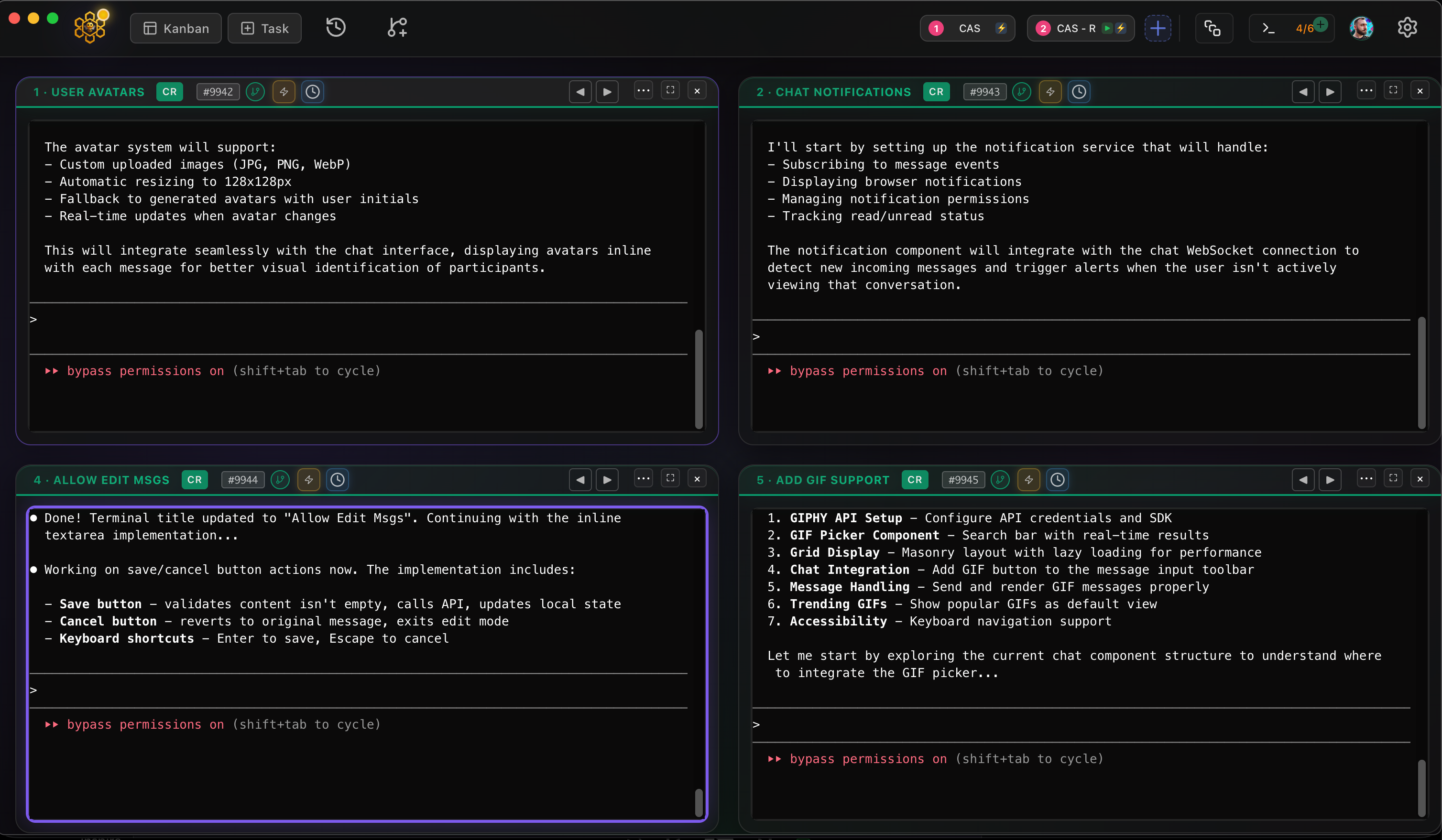 Vista en cuadrícula con varios terminales de Claude Code trabajando en paralelo