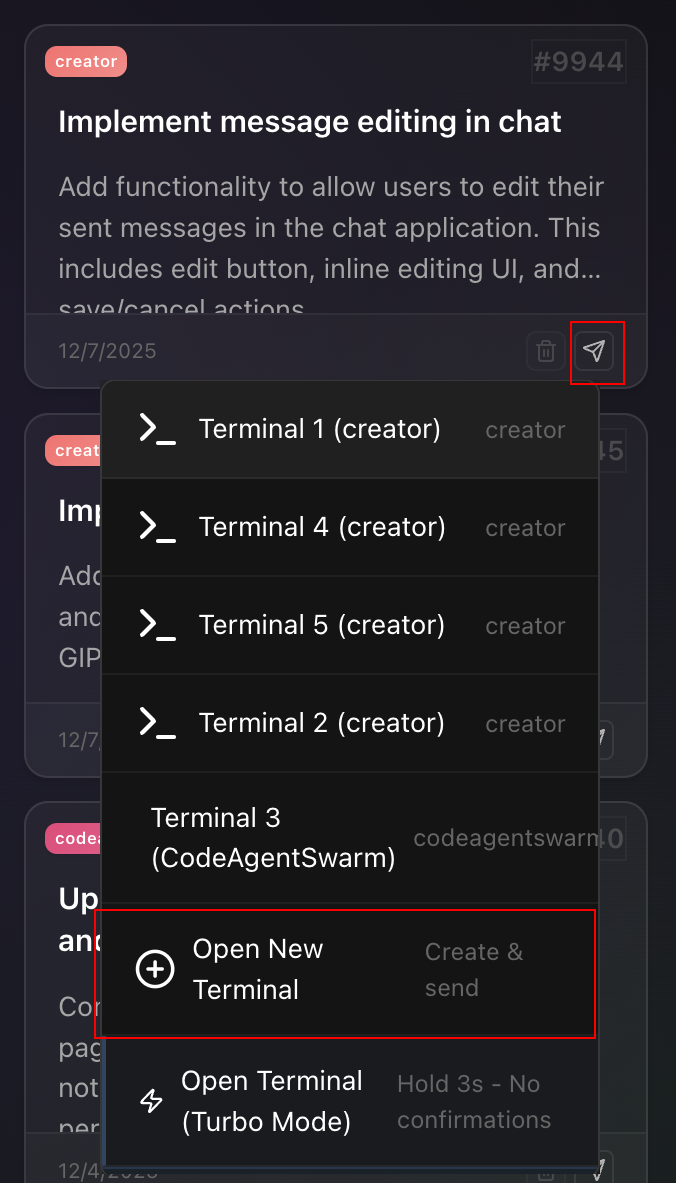 Crear terminal desde el kanban en CodeAgentSwarm