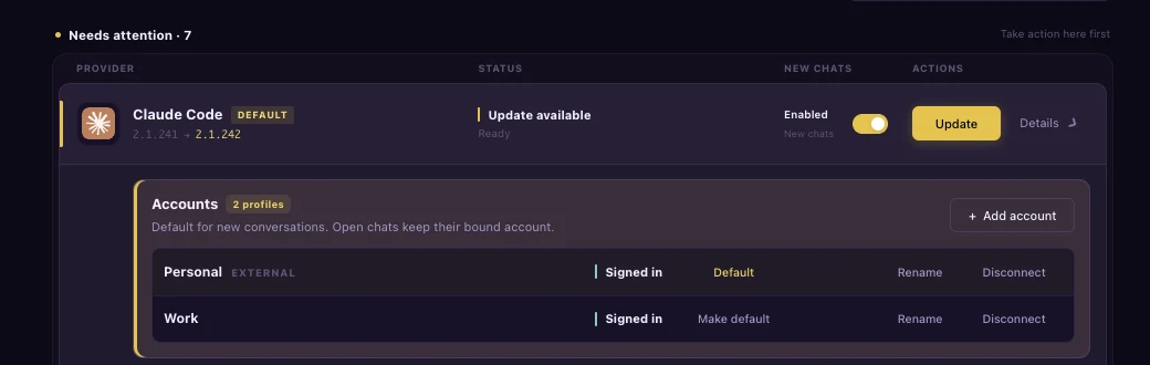 Managing multiple Claude Code accounts in Settings, Providers, with Personal and Work profiles