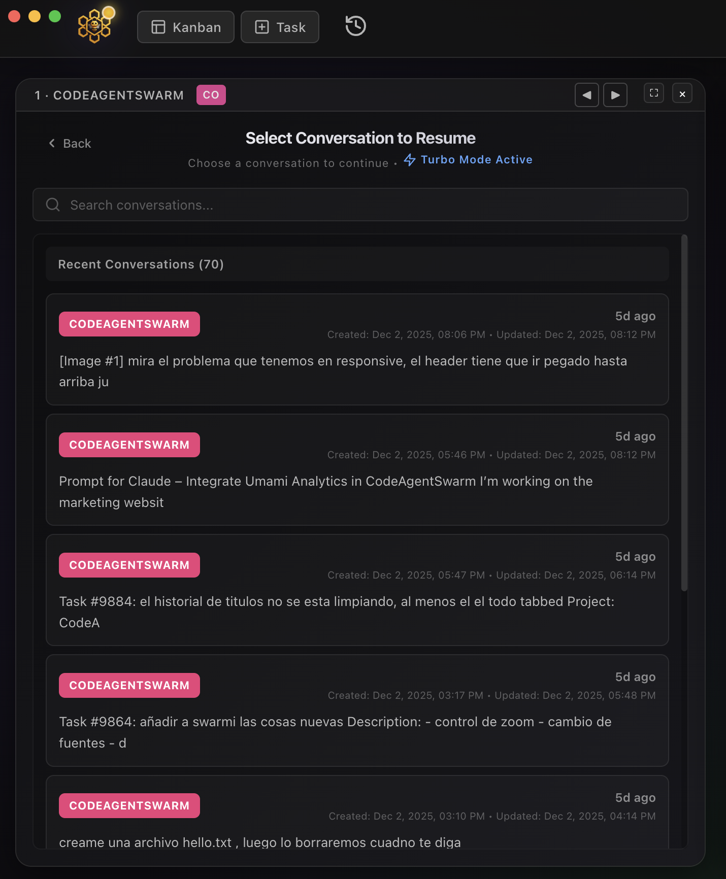 Old conversation opened in a new terminal with previous messages visible and input ready to continue