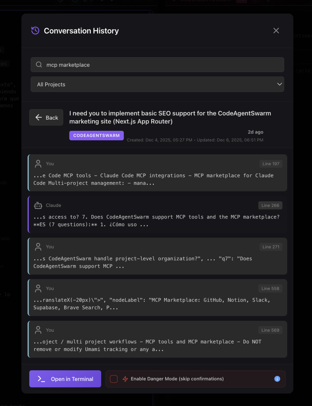 Conversation selection view when opening project in resume mode showing list of recent conversations with search and message preview