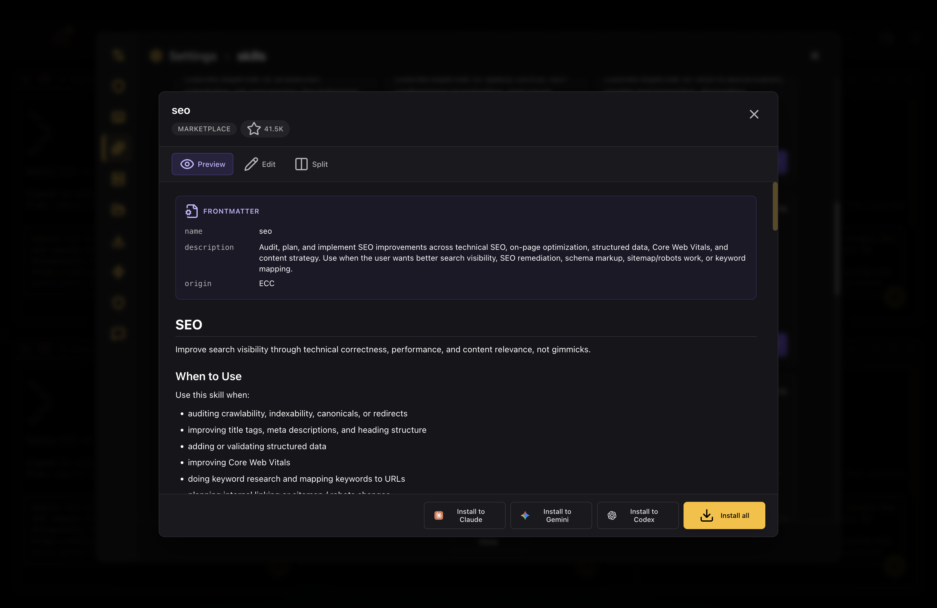 A skill detail view in CodeAgentSwarm with Install to Claude, Install to Gemini, Install to Codex and Install all buttons