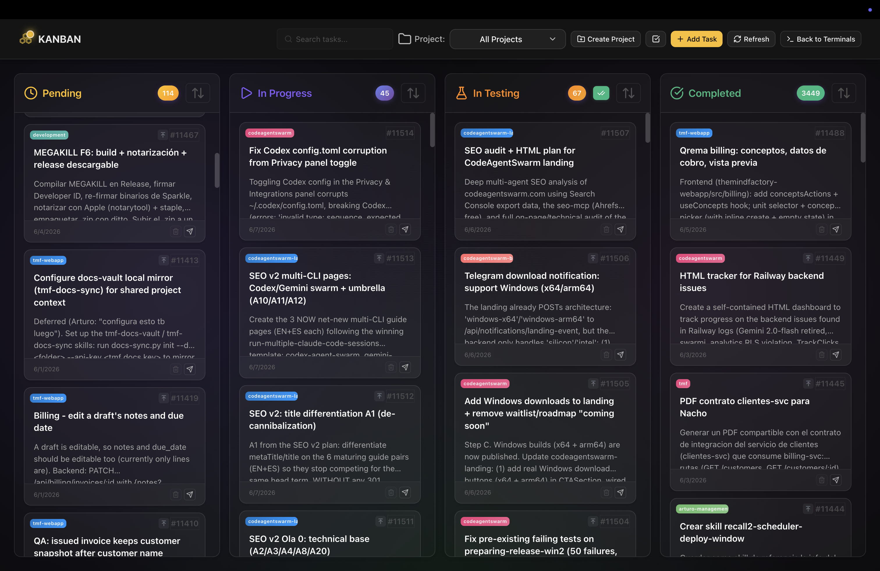 CodeAgentSwarm dashboard showing a kanban task board with columns for tasks, on top of Claude Code terminals