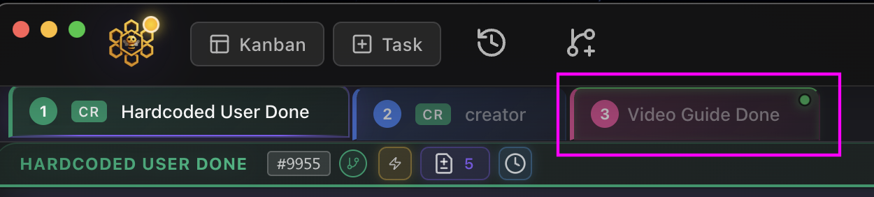 Several terminals with different colours and statuses (running, finished, waiting) showing how you can quickly spot which one has completed a specific task