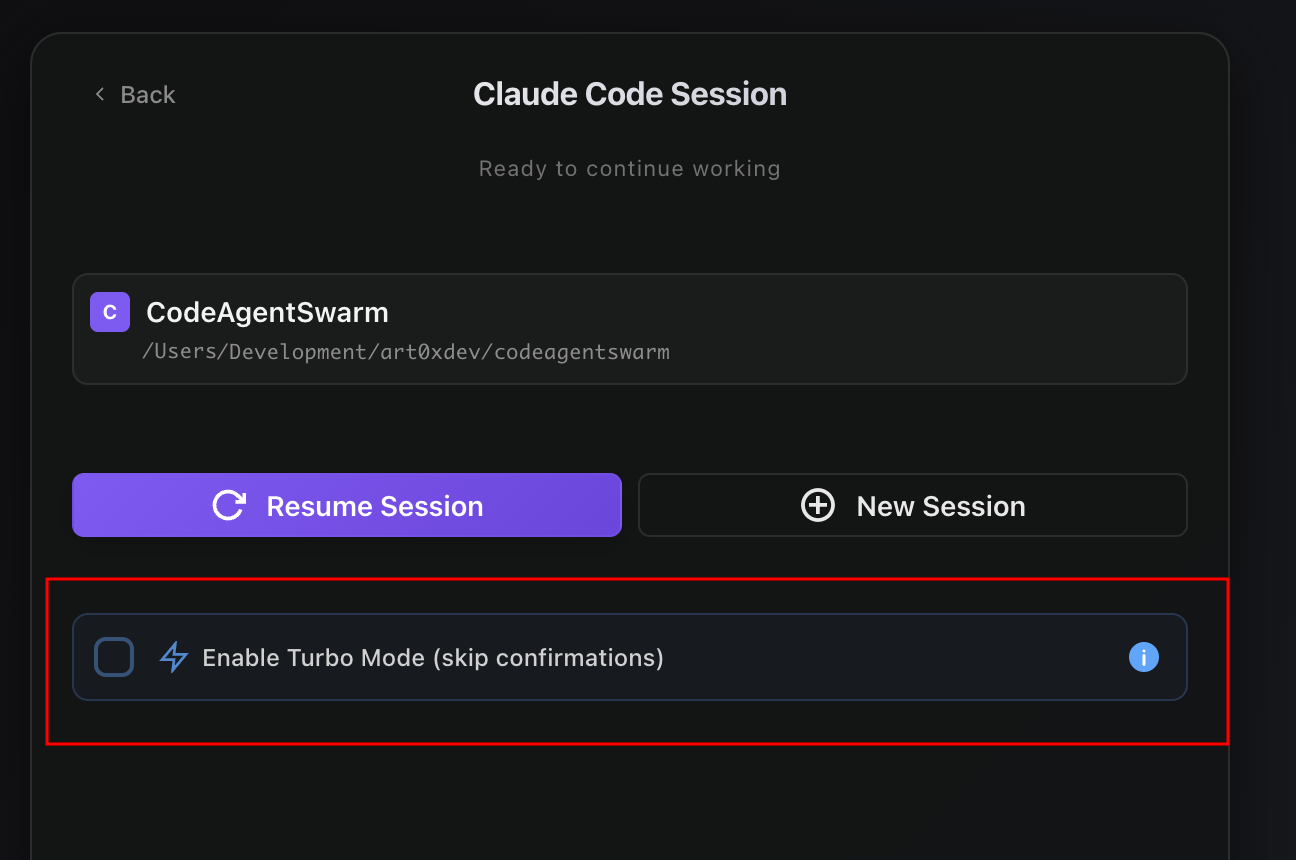 Enable Turbo Mode (skip confirmations) on the project start screen in CodeAgentSwarm